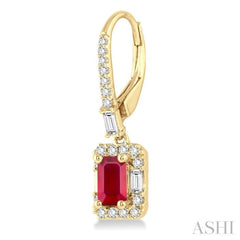 5x3 MM Octagon Cut Ruby and 1/2 Ctw Round Cut Diamond Precious Earrings in 14K Yellow Gold