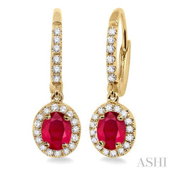 5x3 MM Oval Cut Ruby and 1/4 Ctw Round Cut Diamond Earrings in 14K Yellow Gold