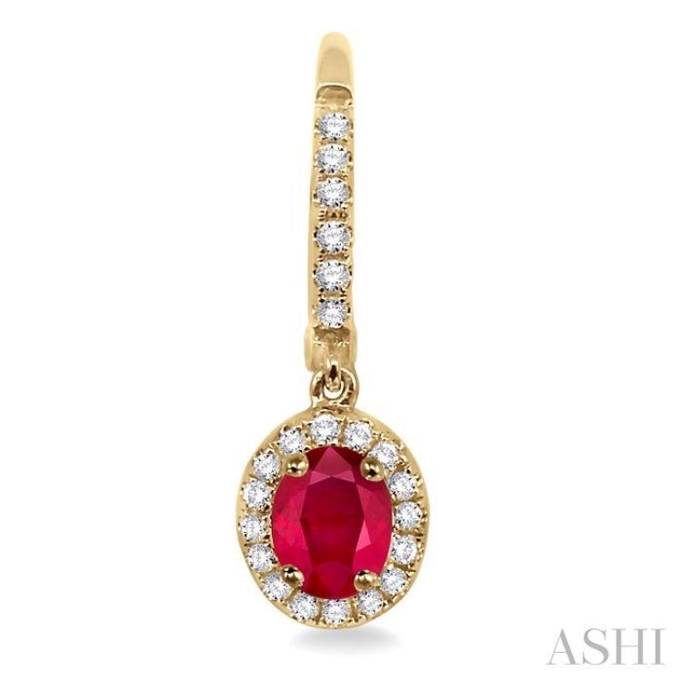 5x3 MM Oval Cut Ruby and 1/4 Ctw Round Cut Diamond Earrings in 14K Yellow Gold