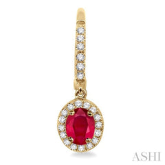5x3 MM Oval Cut Ruby and 1/4 Ctw Round Cut Diamond Earrings in 14K Yellow Gold