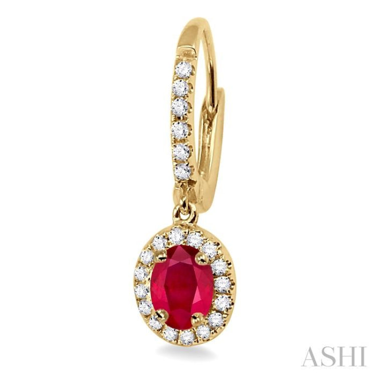 5x3 MM Oval Cut Ruby and 1/4 Ctw Round Cut Diamond Earrings in 14K Yellow Gold