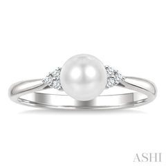 6 MM Cultured White Pearl and 1/20 Ctw Round Cut Diamond Fashion Ring in 10K White Gold