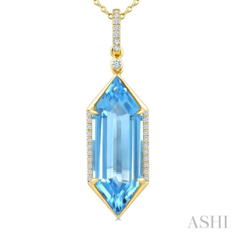 22X8 MM Evoque Gemstones Hexagon Shape Blue Topaz and 1/6 Ctw Round Cut Diamond Semi-Precious Pendant With Chain in 14K Yellow Gold
