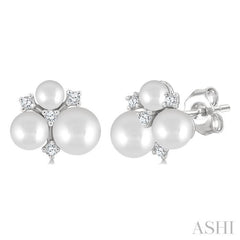 3MM, 4MM & 5MM Cultured Pearl and 1/10 Ctw Round Cut Diamond Fashion Earrings in 10K White Gold