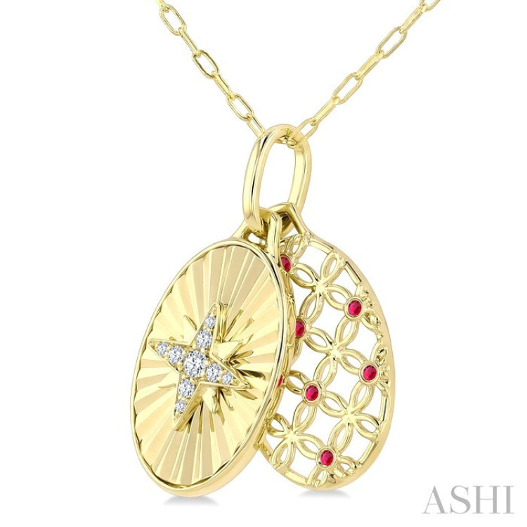 1 MM Round Cut Ruby and 1/20 Ctw Round Cut Diamond  Fluted Star Shaped Precious Pendant with Chain in 10K Yellow Gold