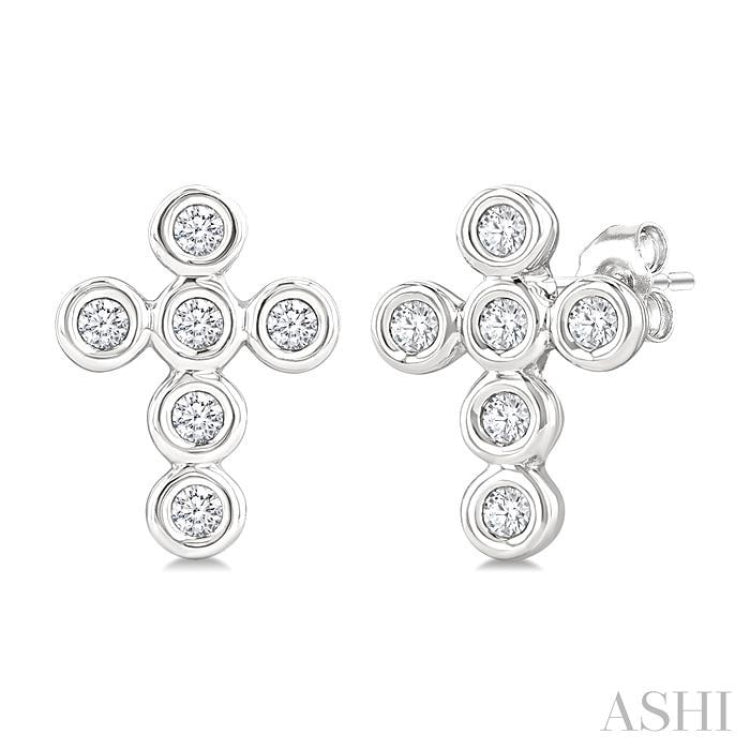 1/10 Ctw Bezel Set Cross Petite Round Cut Diamond Earrings in 10K White Gold