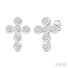 1/10 Ctw Bezel Set Cross Petite Round Cut Diamond Earrings in 10K White Gold