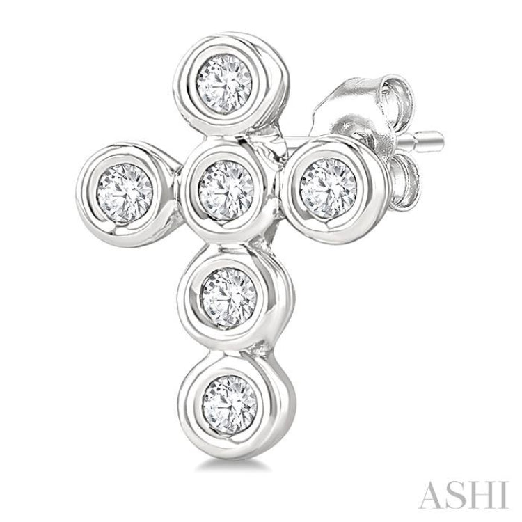 1/10 Ctw Bezel Set Cross Petite Round Cut Diamond Earrings in 10K White Gold