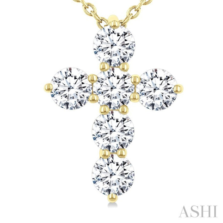 1 Ctw Round Cut Diamond Christian Cross 6-Stone Fashion Pendant With Chain in 14K Yellow Gold
