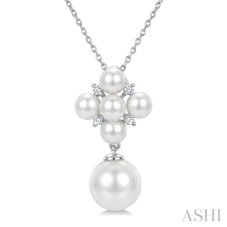 4MM & 8MM White Cultured Pearl and 1/20 Ctw Round Cut Diamond Fashion Pendant With Chain in 10K White Gold