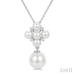 4MM & 8MM White Cultured Pearl and 1/20 Ctw Round Cut Diamond Fashion Pendant With Chain in 10K White Gold
