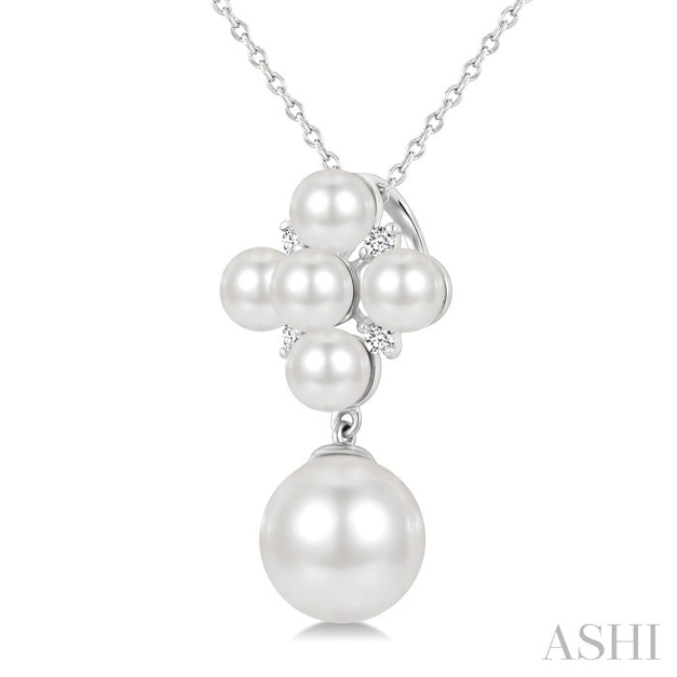 4MM & 8MM White Cultured Pearl and 1/20 Ctw Round Cut Diamond Fashion Pendant With Chain in 10K White Gold