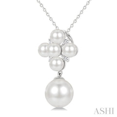 4MM & 8MM White Cultured Pearl and 1/20 Ctw Round Cut Diamond Fashion Pendant With Chain in 10K White Gold