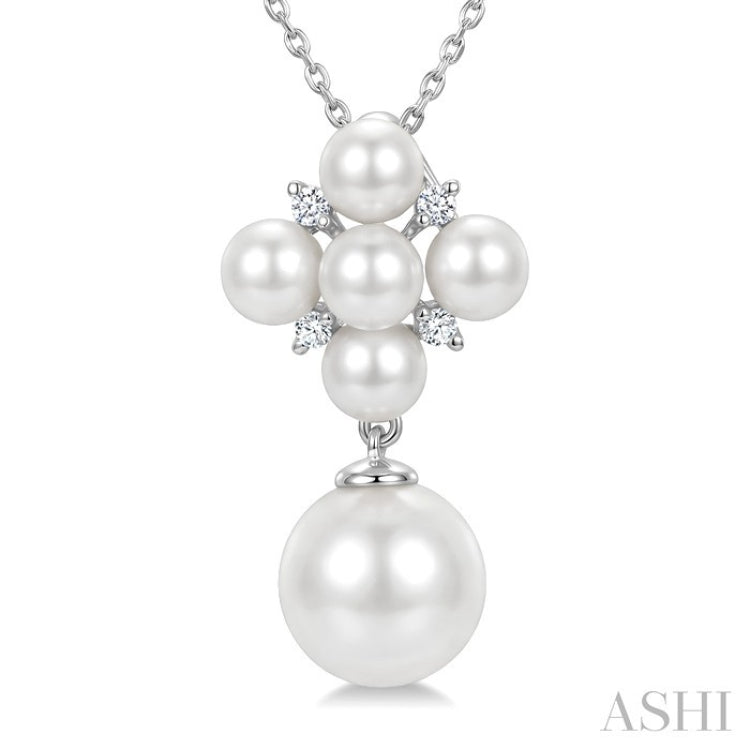 4MM & 8MM White Cultured Pearl and 1/20 Ctw Round Cut Diamond Fashion Pendant With Chain in 10K White Gold