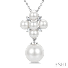4MM & 8MM White Cultured Pearl and 1/20 Ctw Round Cut Diamond Fashion Pendant With Chain in 10K White Gold