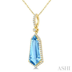 16X7 MM Evoque Gemstones Shield Shape Blue Topaz and 1/5 Ctw Round Cut Diamond Semi-Precious Pendant With Chain in 10K Yellow Gold