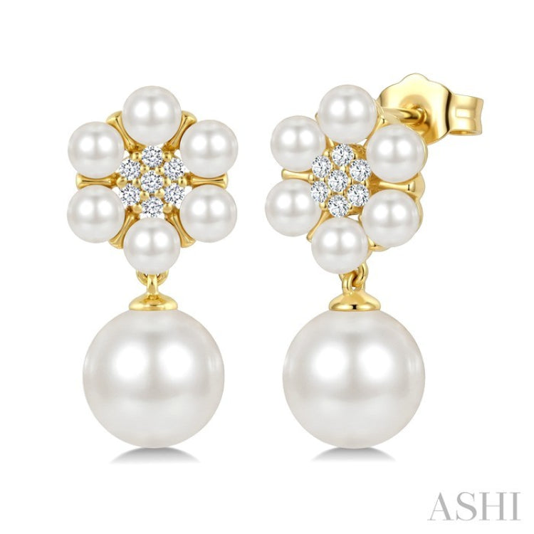 3MM & 7MM White Cultured Pearl and 1/10 Ctw Floral Round Cut Diamond Fashion Earrings in 10K Yellow Gold