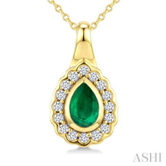 6X4 MM Pear Shape Emerald and 1/6 Ctw Round Cut Diamond Bold Precious Pendant With Chain in 10K Yellow Gold