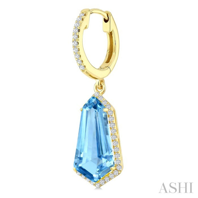 14X7 MM Evoque Gemstones Shield Shape Blue Topaz and 3/8 Ctw Round Cut Diamond Semi-Precious Earrings in 14K Yellow Gold
