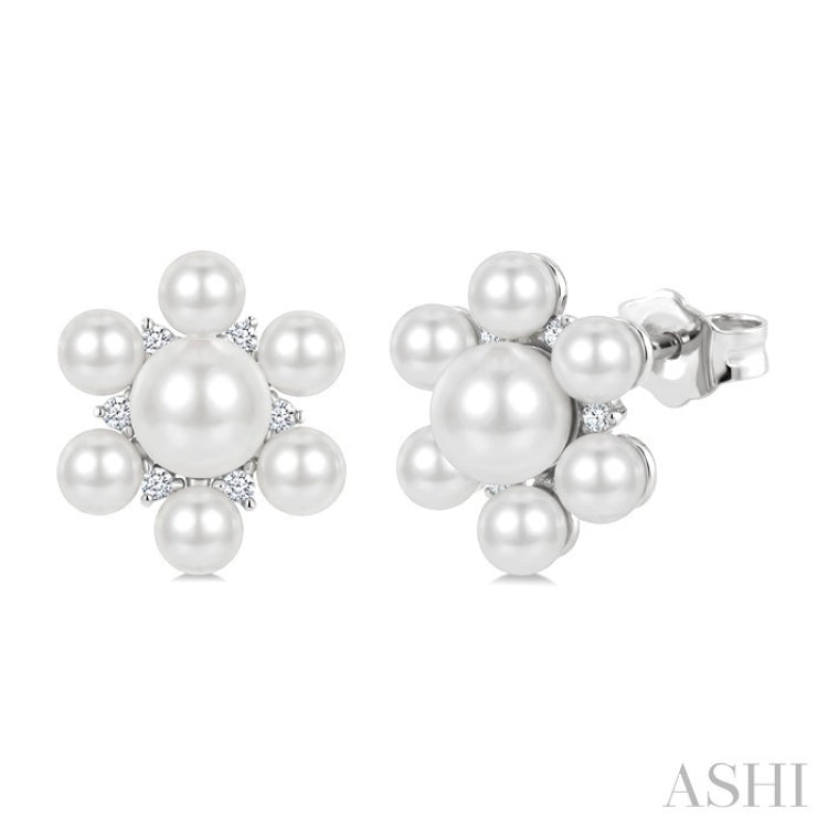 3MM & 5.5MM White Cultured Pearl and 1/10 Ctw Floral Round Cut Diamond Fashion Earrings in 10K White Gold