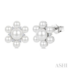 3MM & 5.5MM White Cultured Pearl and 1/10 Ctw Floral Round Cut Diamond Fashion Earrings in 10K White Gold