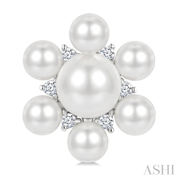 3MM & 5.5MM White Cultured Pearl and 1/10 Ctw Floral Round Cut Diamond Fashion Earrings in 10K White Gold