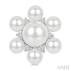 3MM & 5.5MM White Cultured Pearl and 1/10 Ctw Floral Round Cut Diamond Fashion Earrings in 10K White Gold