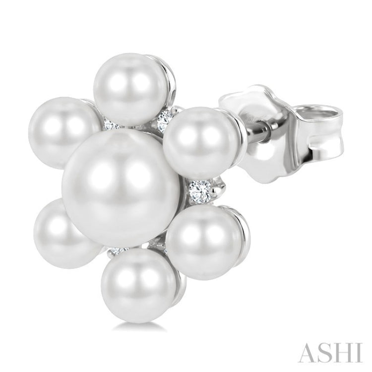 3MM & 5.5MM White Cultured Pearl and 1/10 Ctw Floral Round Cut Diamond Fashion Earrings in 10K White Gold