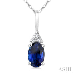 1/50 Ctw Oval Cut 6X4 MM Sapphire and Round Cut Diamond Precious Pendant With Chain in 10K White Gold