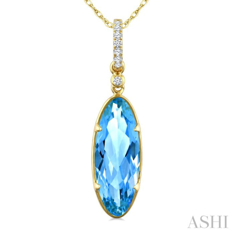 16X6 MM Evoque Gemstones Oval Shape Blue Topaz and 1/20 Ctw Round Cut Diamond Semi-Precious Pendant With Chain in 10K Yellow Gold