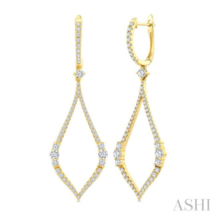 1 3/8 Ctw Elongated Open Window Marquise Shape Dangler Round Cut Diamond Fashion Earring in 14K Yellow Gold
