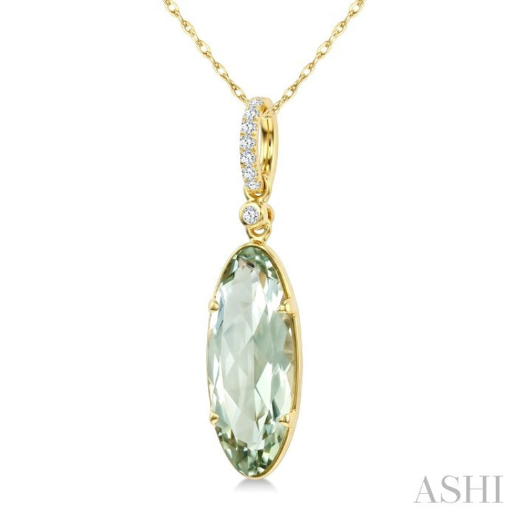 16X6 MM Evoque Gemstone Oval Shape Green Amethyst and 1/20 Ctw Round Cut Diamond Semi-Precious Pendant With Chain in 10K Yellow Gold