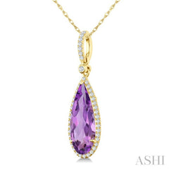16X6 MM Evoque Gemstones Pear Shape Amethyst and 1/5 Ctw Round Cut Diamond Semi-Precious Pendant With Chain in 10K Yellow Gold