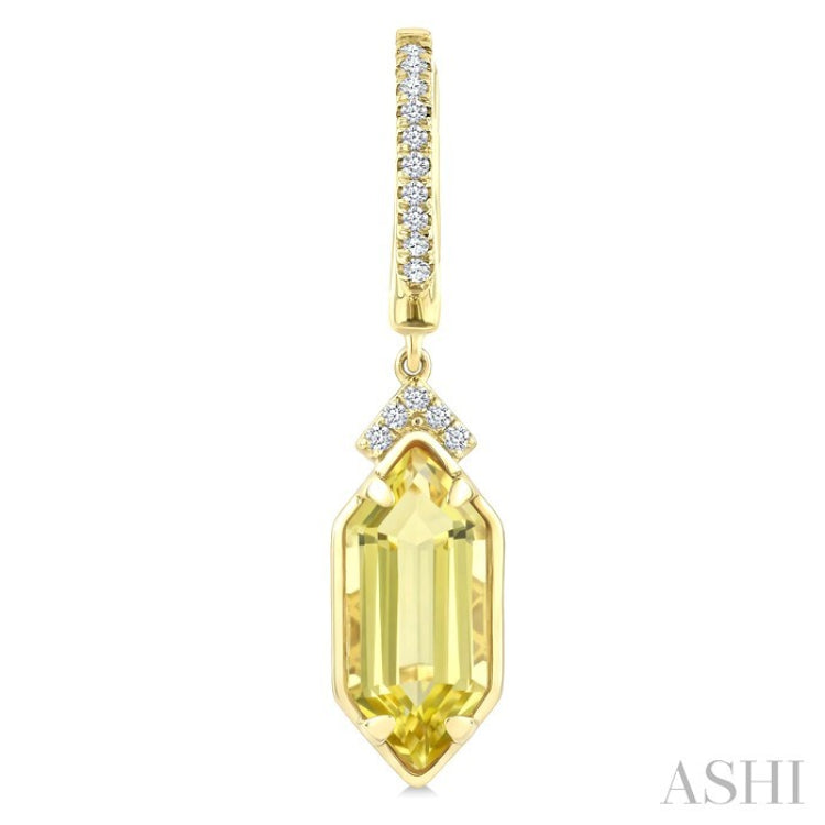 12X5 MM Evoque Gemstones Hexagon Shape Lemon Quartz and 1/6 Ctw Round Cut Diamond Semi-Precious Earrings in 10K Yellow Gold