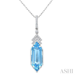 16X6 MM Evoque Gemstones Hexagon Shape Blue Topaz and 1/10 Ctw Round Cut Diamond Semi-Precious Pendant With Chain in 10K White Gold