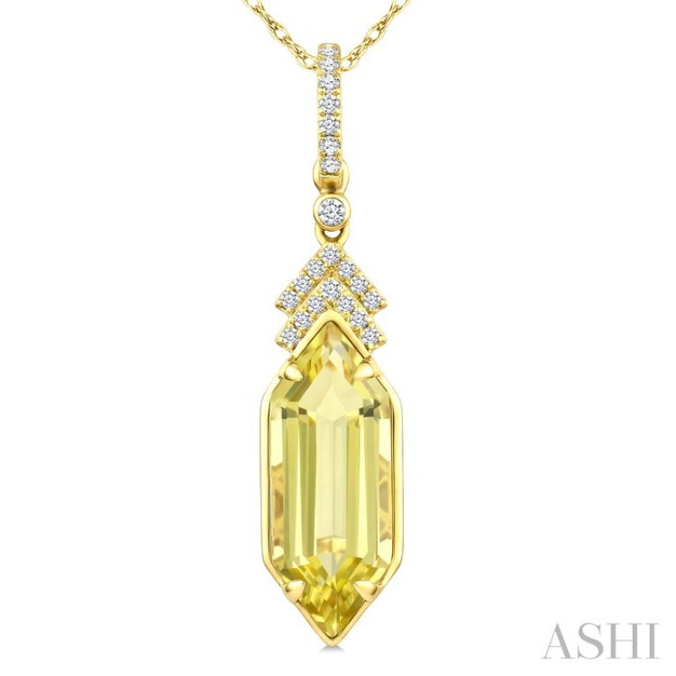 16X6 MM Evoque Gemstones Hexagon Shape Lemon Quartz and 1/10 Ctw Round Cut Diamond Semi-Precious Pendant With Chain in 10K Yellow Gold