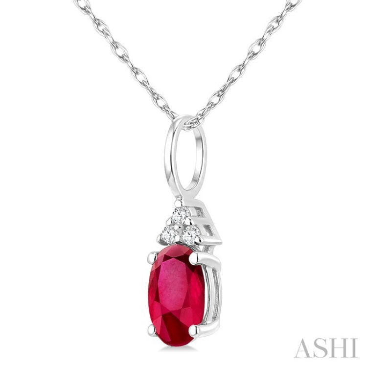 1/50 Ctw Oval Cut 6X4 MM Ruby and Round Cut Diamond Precious Pendant With Chain in 10K White Gold