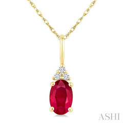 1/50 Ctw Oval Cut 6X4 MM Ruby and Round Cut Diamond Precious Pendant With Chain in 10K Yellow Gold