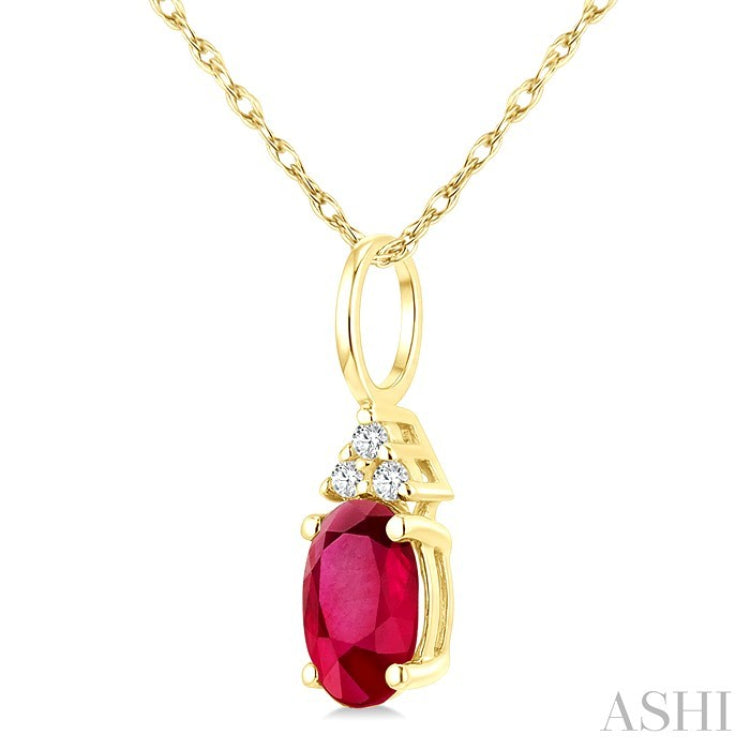 1/50 Ctw Oval Cut 6X4 MM Ruby and Round Cut Diamond Precious Pendant With Chain in 10K Yellow Gold