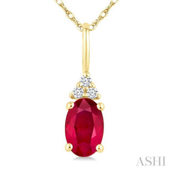 1/50 Ctw Oval Cut 6X4 MM Ruby and Round Cut Diamond Precious Pendant With Chain in 10K Yellow Gold