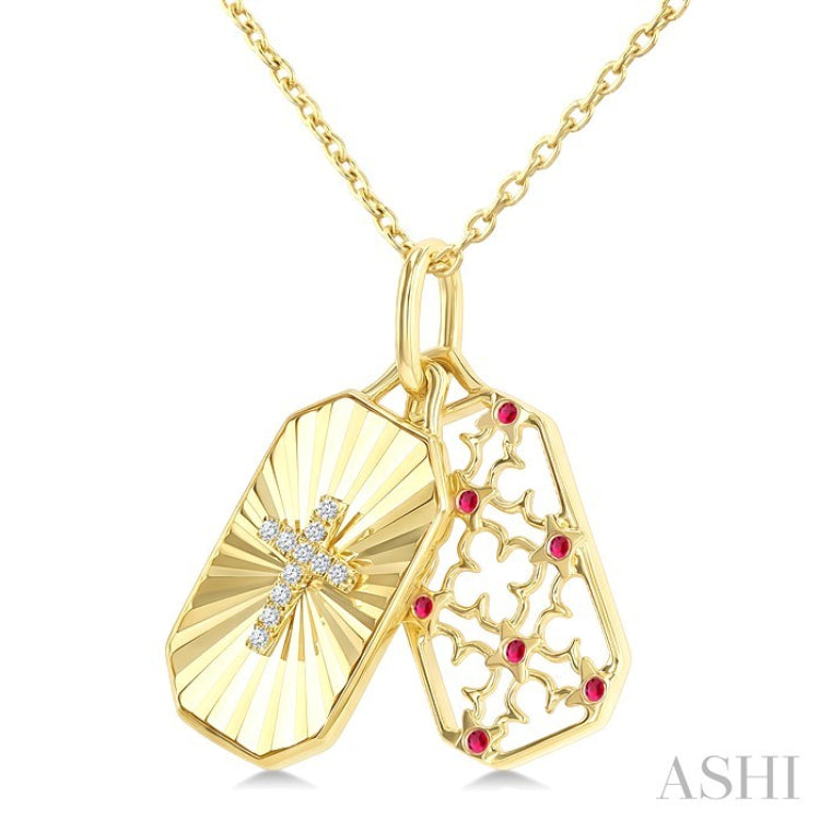 1 MM Round Ruby and 1/50 Ctw Fluted Texture & Cross Round Cut Diamond  Precious Pendant With Chain in 10K Yellow Gold