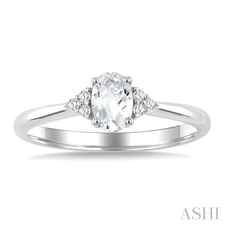 1/20 Ctw Oval Cut 6X4 MM White Topaz and Round Cut Diamond semi-precious Ring in 10K White Gold