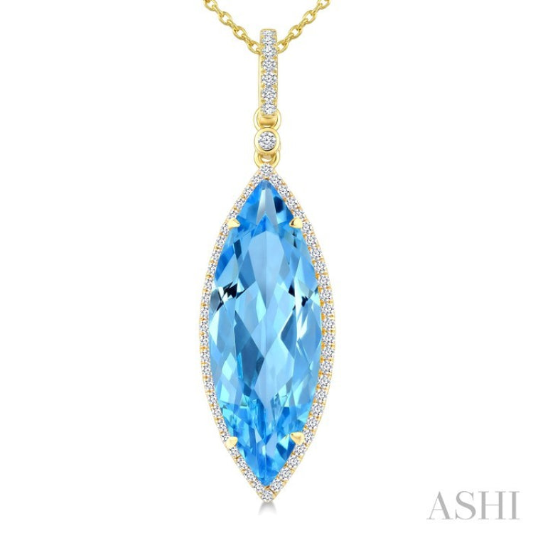 22X8 MM Evoque Gemstones Marquise Shape Blue Topaz and 1/4 Ctw Round Cut Diamond Semi-Precious Pendant With Chain in 14K Yellow Gold