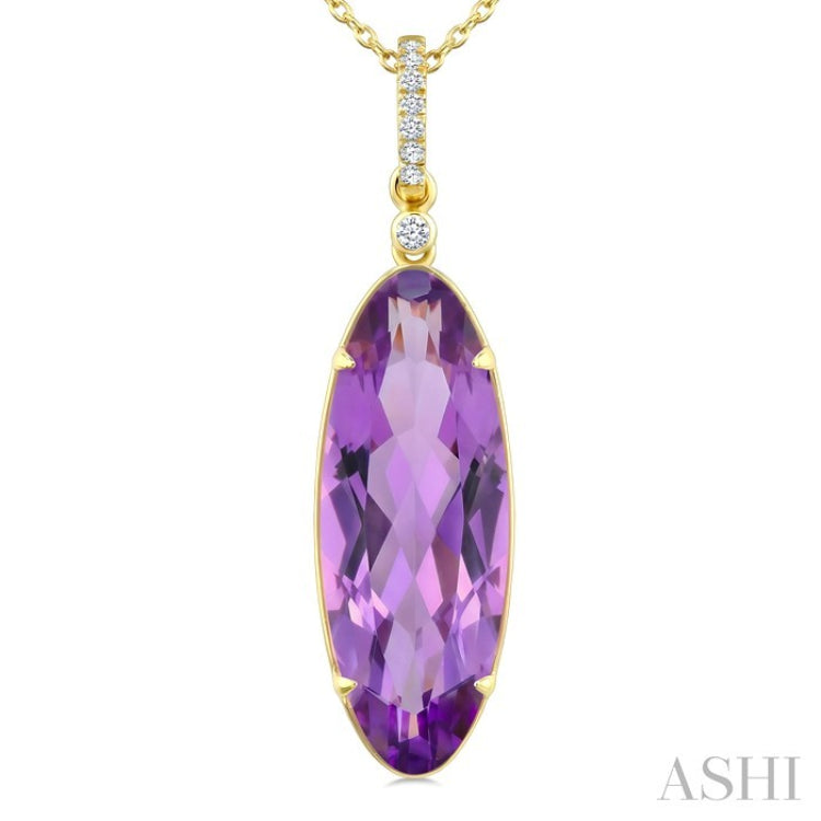 22X8 MM Evoque Gemstones Oval Shape Amethyst and 1/20 Ctw Round Cut Diamond Semi-Precious Pendant With Chain in 14K Yellow Gold