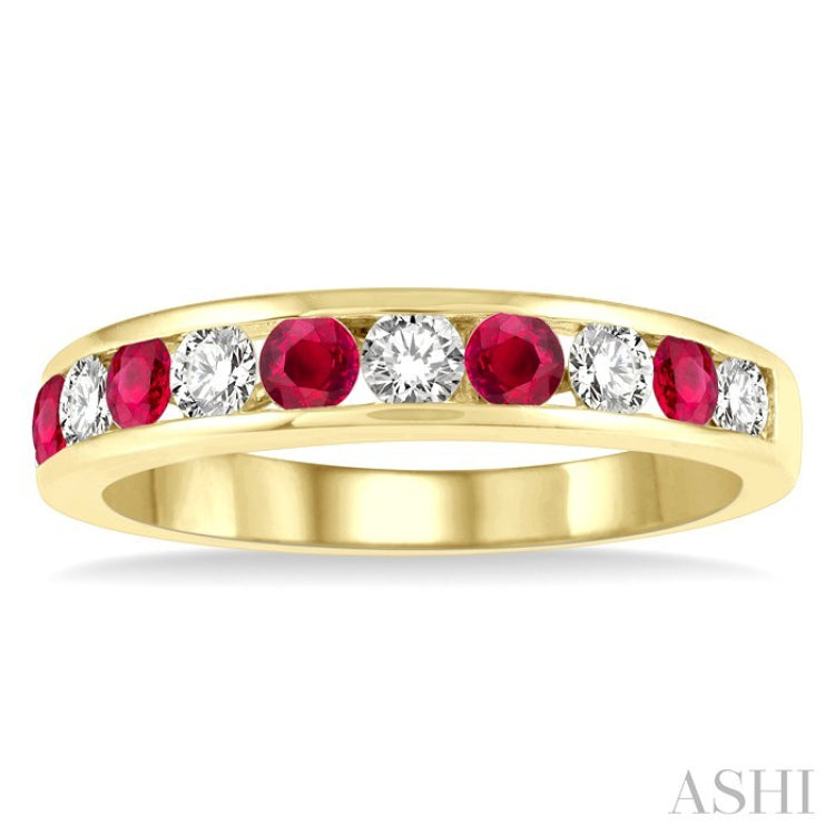 2.6 MM Round Shape Ruby and 3/8 Ctw Round Cut Diamond Precious Wedding Band in 14K Yellow Gold