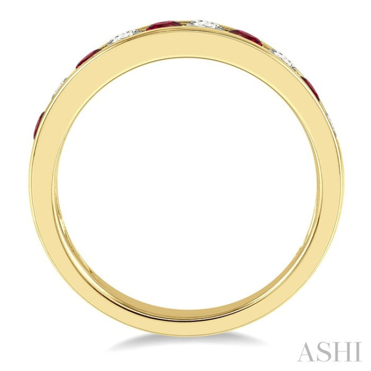 2.6 MM Round Shape Ruby and 3/8 Ctw Round Cut Diamond Precious Wedding Band in 14K Yellow Gold
