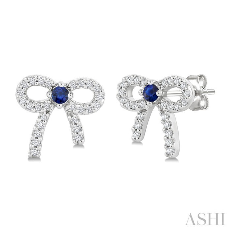 2MM Round Cut Sapphire and 1/6 Ctw Round Cut Diamond Bow Petite Precious Fashion Earrings in 10K White Gold