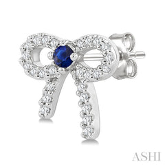 2MM Round Cut Sapphire and 1/6 Ctw Round Cut Diamond Bow Petite Precious Fashion Earrings in 10K White Gold