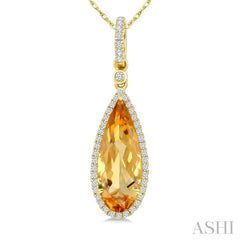16X6 MM Evoque Gemstone Pear Shape Citrine and 1/5 Ctw Round Cut Diamond Semi-Precious Pendant With Chain in 10K Yellow Gold
