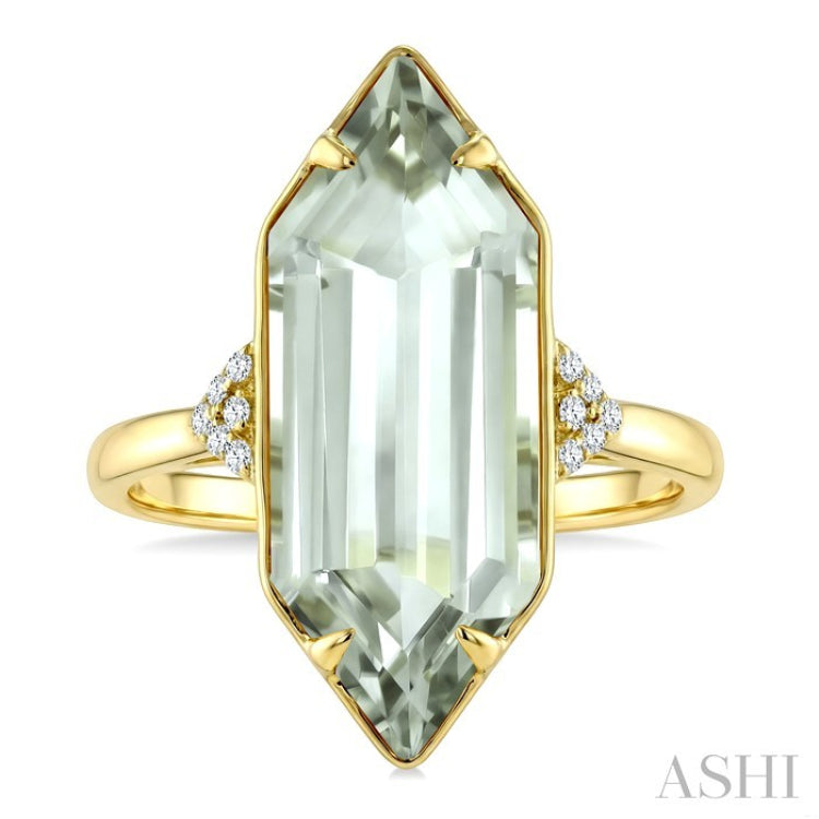 22X8 MM Evoque Gemstone Hexagon Shape Green Amethyst and 1/20 Ctw Round Cut Diamond Semi-Precious Ring in 14K Yellow Gold